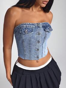 SHEIN ICON Top Tipo Corpiño De Mezclilla Con Botones Delanteros - Azul lavado medio - Ver 4