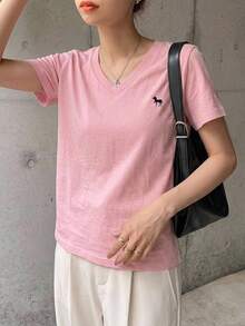 DAZY Women V-Neck Embroidered Short Sleeve Casual T-Shirt - Pink - View 5