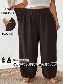 SHEIN CURVE+ Plus Size Minimalist Soft Form Elegant Casual Solid Color Loose Fit Textured Pants With Pockets Autumn Dates Office Brunch Formal Vacation Brown - Brown - View 10