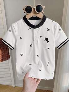 SHEIN 男童白色领口夏季岛屿花卉印花马匹标志短袖polo衫，休闲舒适，百搭，面料柔软，适合日常穿着、旅行、户外活动、度假、海滩度假以及春夏季节。 - 彩色 - 查看 3