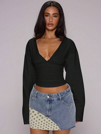 MUSERA Deep Plunge Front Cinched Fitted Waist Flowy Batwing Long Sleeve Top Summer Spring Holiday Festival Y2K Vacation Rave City Coolgirl Vintage Cute