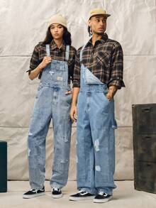 Norleigh Men's Letter Print Distressed Casual Versatile Denim Bib Overalls Hang Out Street Work Urban - Light Wash - View 2
