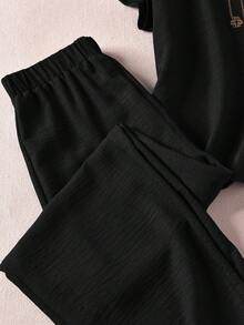 Rusticease 大尺碼女款刺繡圓領短袖上衣與長褲傳統替代風兩件套 黑色 夏季休閒優雅端莊正式 - 黑色 - 查看 4