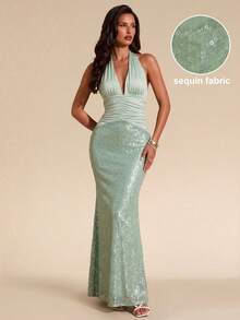 Bluhae Fashionable Sexy Waist-Cinched Slim Fit V-Neck Halter Neck Design Patchwork Sequin Women's Spring Summer Evening Party Mint Green Mermaid Long Dress - Mint Green - View 1