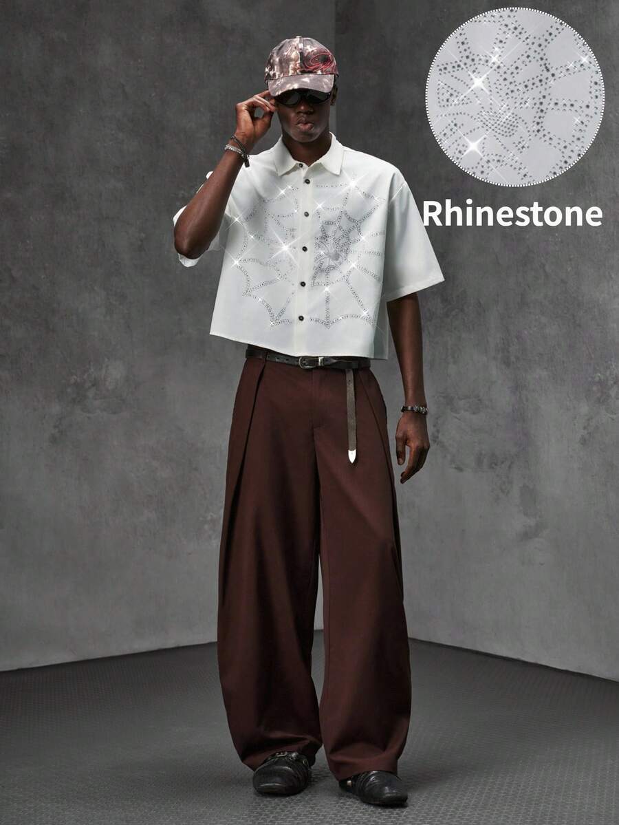 NEON BLANC Men's Rhinestone Spider Web Mesh Pattern Short Sleeve Single-Breasted Shirt - White - View 1