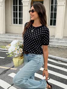 Serisse Women's Polka Dot Casual Versatile Daily Wear Knit Top - Black - View 6