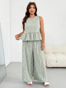 Shapeblank Plus Size Summer Casual Plaid Ruffle Tank Top & Pants 2 Pieces Set - Green - View 5
