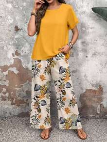 EMERY ROSE Set de 2 piezas de top de cuello redondo casual y pantalones sueltos para mujer, conjunto versátil adecuado para primavera y otoño - Multicolor - Ver 7