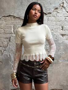 SHEIN BAE Sweater Wanita Model Slim Fit dengan Motif Patchwork Renda dan Kerah Tinggi - Krem - View 3