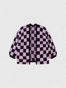 Franclia Cardigan Rajut Kasual Longgar Lengan Panjang Motif Kotak-kotak Wanita, Musim Gugur/Dingin - MultiWarna - View 3