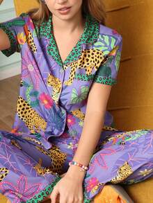 Chillnights Young Fashion Vibrant Fun Leopard & Tropical Plant Print Collared Button-Front Women's Pajama Set - Multicolor - View 5