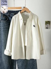 SHEIN 青少年女孩米白色細條紋長袖鈕扣襯衫 春秋款 - 白色 - 查看 1