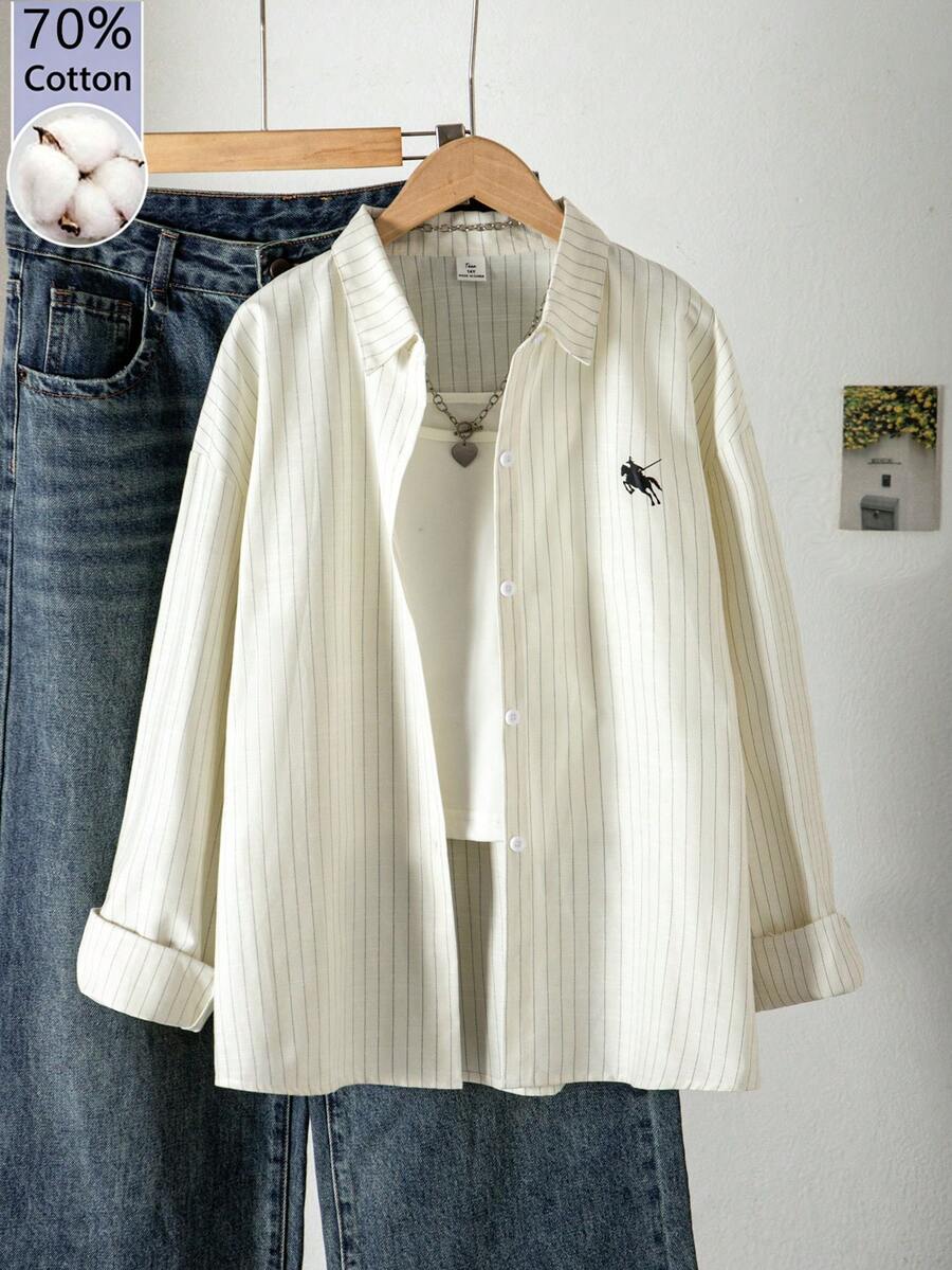 SHEIN 青少年女孩米白色細條紋長袖鈕扣襯衫 春秋款 - 白色 - 查看 1