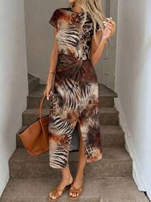 SHEIN LUNE Leopard Print Elegant Daily Wear Waist Knot High Slit Sleeveless Midi Bodycon Dress For Women - Multicolor - View 3