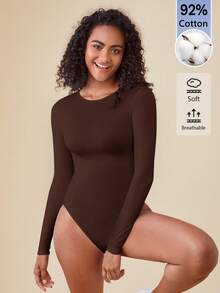 SHEIN BASICS 女款純色極簡百搭圓領長袖連身衣 - 咖啡棕 - 查看 6