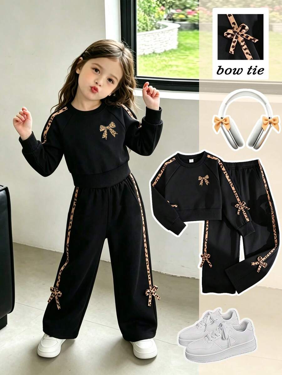 Elladie kids 女童休閒拼色衛衣套裝,黑色插肩袖圓領短版豹紋蝴蝶結圖案,搭配寬腿長褲,返校穿搭女童服飾 - 黑色 - 查看 1