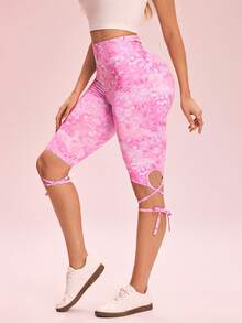 SHEIN Sovereign Charm Women's Leopard Print Criss-Cross Waist Design Capri Length Athletic Leggings - Pink - View 2