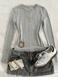 Dazy Tall Atasan Wanita Model Pullover Kasual Lengan Panjang Bergaris Leher Bulat, Pas Badan, Atasan Lucu - Light Grey - View 2