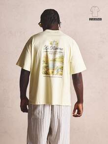 Musero Oversized Graphic Print "La Riviera"Crew Neck Tshirt Spring Summer Essentials - Light Yellow - View 1