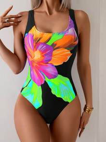 SHEIN Swim 1pc Women's Elegant Floral Print Scoop Neck One-Piece Swimsuit With High Neckline For Summer Beach Vacation - Multicolor - View 1