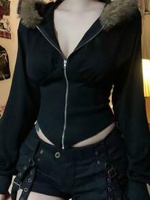 Livesso Women's All Black Fur Collar Hooded Long Sleeve Zip-Up Slim Fit Cropped Waist Dark Punk Goth Style Sweatshirt Autumn Halloween Night Out Club - Black - View 1
