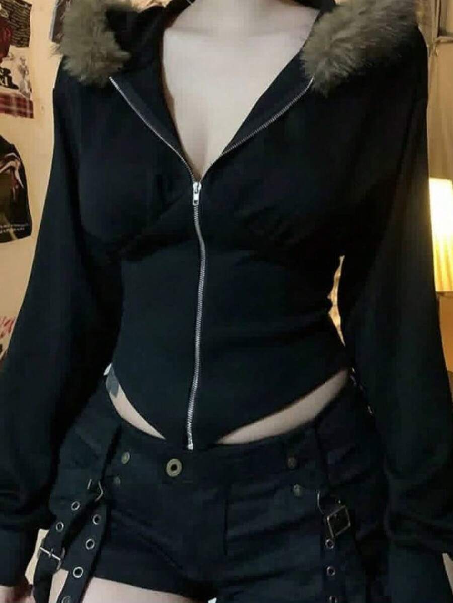 Livesso Women's All Black Fur Collar Hooded Long Sleeve Zip-Up Slim Fit Cropped Waist Dark Punk Goth Style Sweatshirt Autumn Halloween Night Out Club - Black - View 1