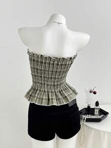 Elamini Top ajustado sin tirantes con volantes y lazo para niñas, primavera/verano - Verde - Ver 2
