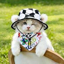 1pc Football Printed Pet Sun Hat For Dogs And Cats, Adjustable Breathable Bucket Hat With Chin Strap, UV Protection Hat For Small And Medium Pets Outdoor Use - Black and White - View 7