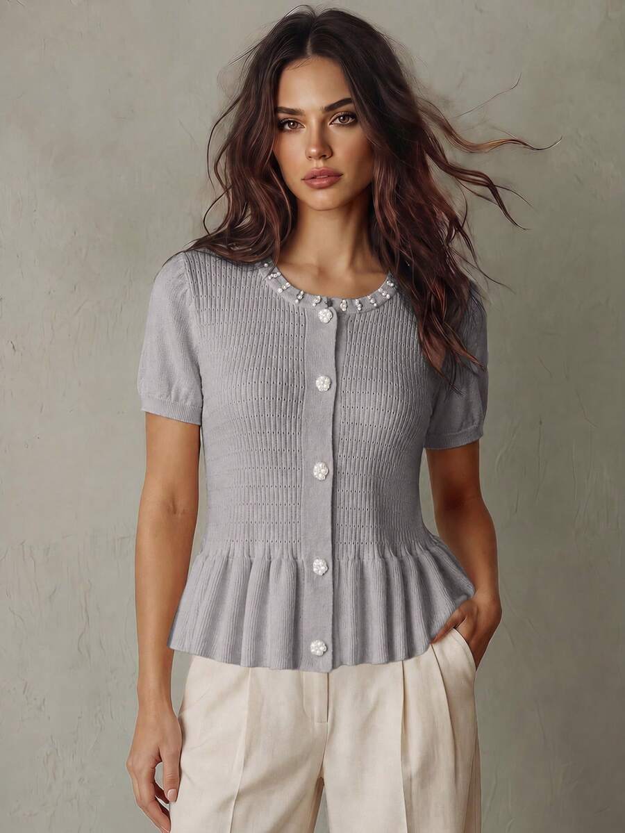 Franclia Women's Light Grey Elegant Autumn Brunch Cardigan,Versatile Round Neck Fitted Short Sleeve Top With Rhinestone Pearl Button Decor,Ruffle Hem Tea Party - Grey - View 1