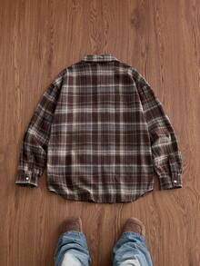 SWAVVY 1pc Ultra Loose Cotton Plaid Print Drop Shoulder Shirt - Khaki - View 4