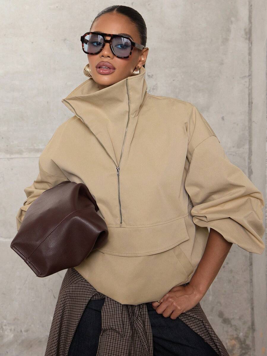 Hauture Women's Casual Oversized Half Zip Stand Collar Pockets Outerwear Trucker Jacket, Perfect For Fall, Commuter Friendly, Travel, Office Wear - Khaki - View 1