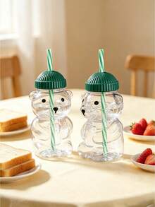 1/2/3/4/5/10Pcs Plastic Cute Bear Straw Cup – Teddy Bear Design Straw Tumbler With Lid, Reusable Travel Drinkware For Juice, Cold Drinks, Milk, Coffee (Not For Boiling Water) - Green - View 10