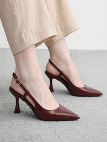 CUCCOO BIZCHIC 女款尖頭細高跟鞋 酒紅色 時尚基礎款 日常百搭 通勤女鞋 後跟加高 露跟slingback高跟鞋 - 復古紅色 - 查看 4