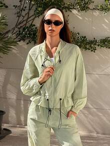 Fluxe Women Mint Green Cropped Stand Collar Zip Up Jacket Drawstring Waist Cuff Adjustable Lightweight Breathable Soft Comfort Athletic Outdoor Fall Bomber - Mint Green - View 6