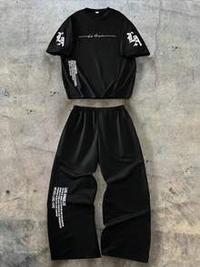 Teen Boys 2-Piece Set, Street Style Cool Black Short Sleeve Outfit, LosAngeles Letter Print T-Shirt And Wide Leg Sweatpants, City Slogan Print Design, Loose Fit, Comfortable For Daily Wear, Street, Campus Activities - Black - View 4