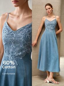 MOTF PREMIUM WOMEN'S CONTRAST LACE WAIST-CINCHED SPAGHETTI STRAP DENIM DRESS - Light Wash - View 8