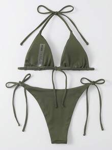 Swim Basics Conjunto de bikini de una pieza para verano, con top de triángulo de tirantes y Bottom con lazos a los lados, 2 piezas - Verde militar - Ver 3