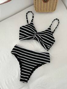 SHEIN Swim 女款條紋比基尼泳衣套裝，適合海灘度假 - 黑與白 - 查看 2