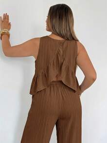 Auralis Spring/Summer Casual Comfortable Green Plaid Sleeveless Pullover Top With Ruffle Hem & Wide Leg Pants With Pockets And Elastic Waistband Plus Size 2-Piece Set/Vintage Academic Back To School Outfit/Casual/Vacation/Outing/Plus Size Set/Suit Set - Brown - View 6