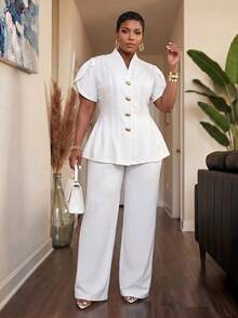 Slaydiva Early Autumn New Arrival Elegant White Fitted Short Sleeve Petal Waist-Cinching A-Line Blazer With Metal Button Decor And Matching Extra Long Pants Women's Plus Size Suit Set For Concert, Party, Wedding Season, Cocktail, Date, Birthday Gathering - White - View 1