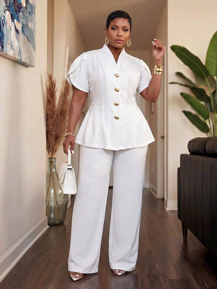 Slaydiva Early Autumn New Arrival Elegant White Fitted Short Sleeve Petal Waist-Cinching A-Line Blazer With Metal Button Decor And Matching Extra Long Pants Women's Plus Size Suit Set For Concert, Party, Wedding Season, Cocktail, Date, Birthday Gathering - White - View 1