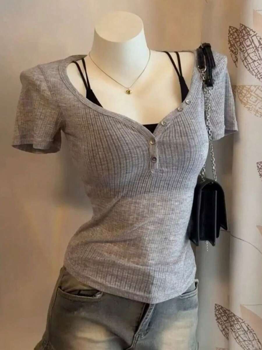 Lalippa Plus Size Women's 2 In 1 Patchwork Slim Fit Versatile Casual Top - Grey - View 1