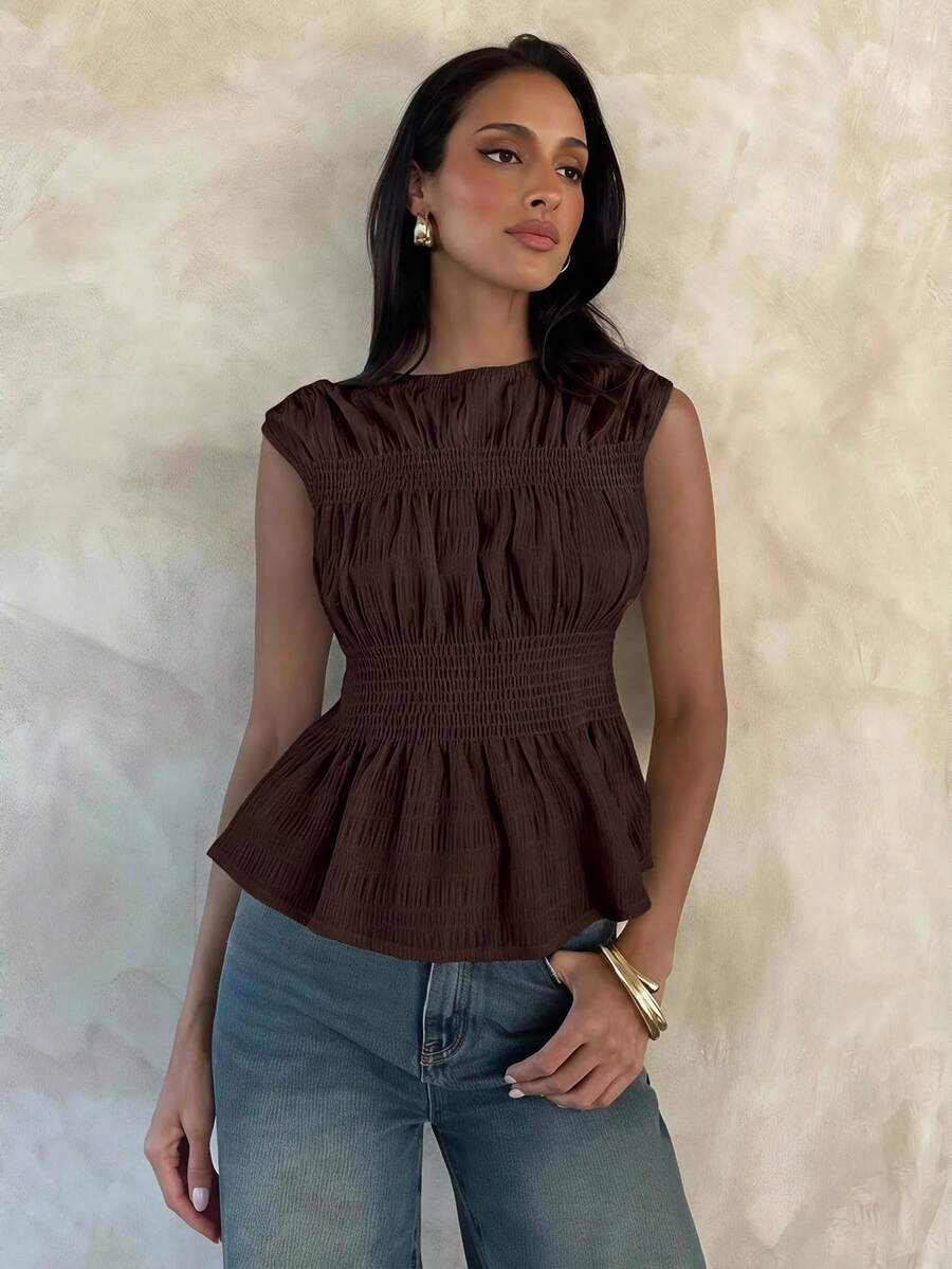 Aloruh 女款優雅圓領素色抽褶無袖米色襯衫 - 棕色 - 查看 1