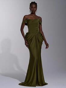Elitara Robe de soirée élégante et formelle de luxe en tricot élastique, épaules dénudées, plissée à la main, dentelle transparente à la taille, coupe moulante en forme d'éventail, fente, longueur sol, mariage, été - Vert - Voir 5