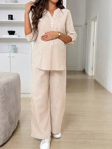 SHEIN Ensemble 2 pièces de maternité avec chemise à rayures à demi-patte boutonnée et pantalon long à taille ajustable pour l'automne - Nude - Voir 6