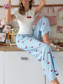 SweetSlumber Set Piyama Wanita INS Motif Garis-Garis Ceri yang Manis dan Menggemaskan dengan Trim Blok Warna, Nuansa Seru Gaya Y2K - MultiWarna - View 4
