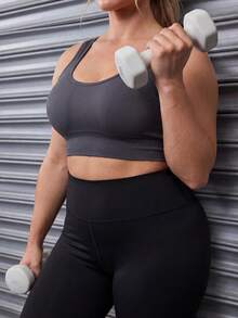 Solea Cove 1pc Plus Size Gray Sports Racerback Tank Top, Suitable For Fitness/Yoga - Dark Grey - View 1