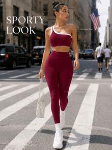 Dewbera Dewbera Women's Seamless One Shoulder Yoga Racerback Tank Top & Lifting High Stretch Legging 2pcs Workout Set,White And Burgundy,Summer,Athleisure,Gym - Burgundy - View 4