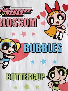 THE POWERPUFF GIRLS X SHEIN 青少年女孩字母卡通印花圓領休閒日常短袖T恤 - 白色 - 查看 4