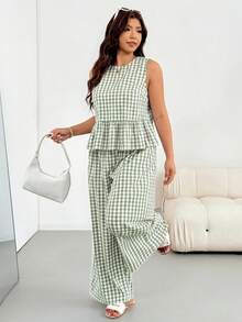 Shapeblank Plus Size Summer Casual Plaid Ruffle Tank Top & Pants 2 Pieces Set - Green - View 4